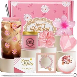 Happy Birthday Gifts for Women, Girls, Pink Birthday Gift Basket